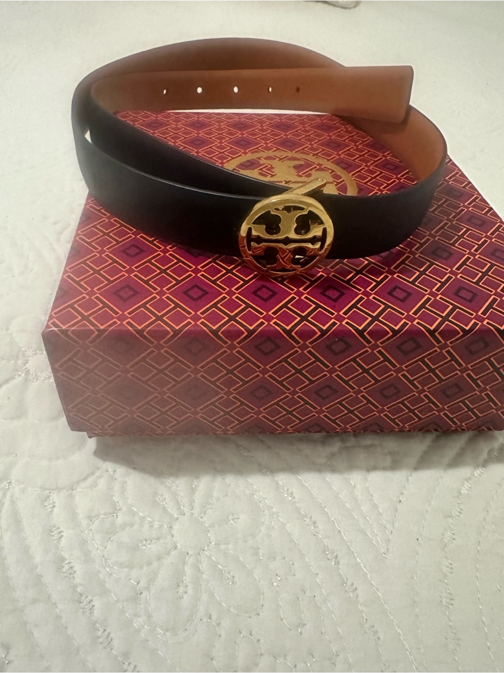 Tory Burch Black Leather Belt with Gold Logo Buckle